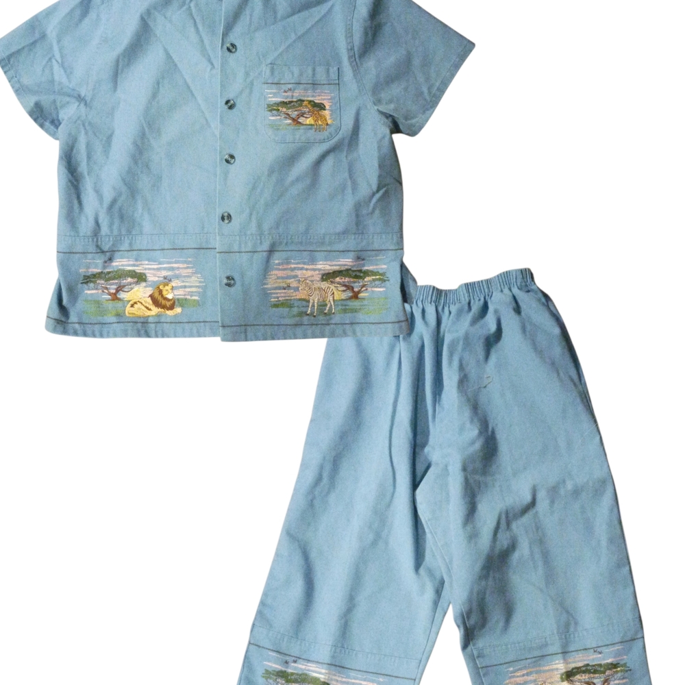 Vintage Light Blue Jumpsuit Set with Safari Embroidery